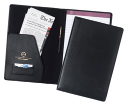 black bonded leather legal size padfolio with interior document pocket and pen loop