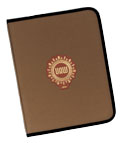 1" ring binder with tan fabric cover and black trim